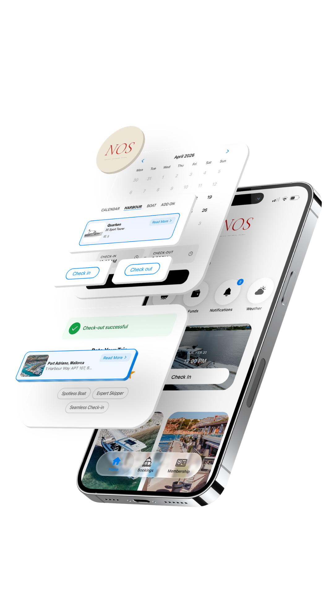 NOS App on iPhone — calendar, check-in and check-out flow